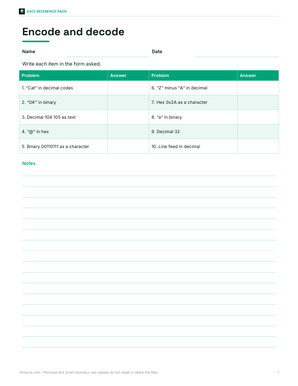 Preview of Printable ASCII Binary Encoding Worksheet